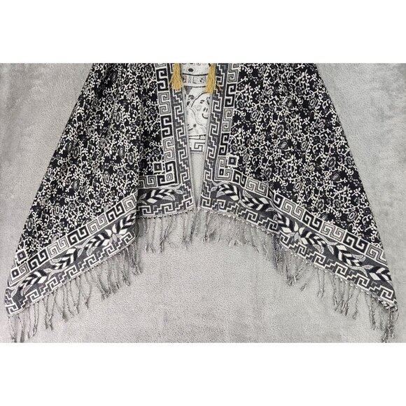 Mexican Vest Womens L/XL Silver Metallic Aztec Print Tasseled Fringed Open Front - Picture 7 of 9